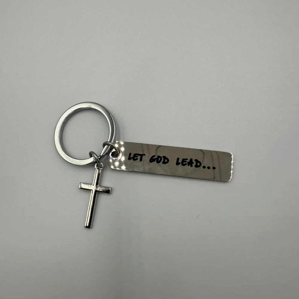 Let God Lead Christian Cross Keychain Silver Tone Religious Faith Accessory